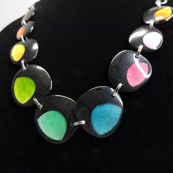 Abalone Shell Rainbow Necklace 26" Vintage Black Celtic Moon 90s Graduated Retro - Picture 2 of 5